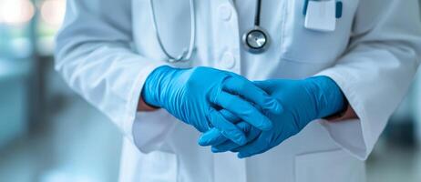 Medical Professional in White Coat with Gloved Hands photo
