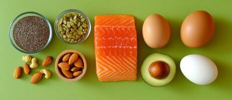 Top View of Foods Rich in Healthy Fats photo