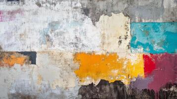 Distressed wall featuring peeling paint and exposed layers, reflecting a rich history of wear. photo
