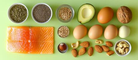 Healthy Fats Food Arrangement on Green Background photo