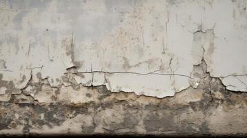 Cracked white paint flakes off an old wall showing dark water stains and a rough, decaying surface. Grunge background concept photo