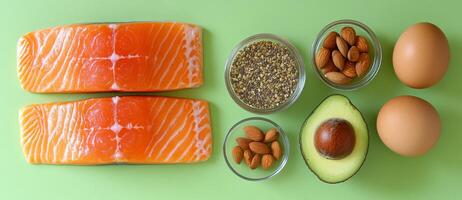 Keto diet concept - salmon, avocado, eggs, nuts and seeds, bright green background, top view photo