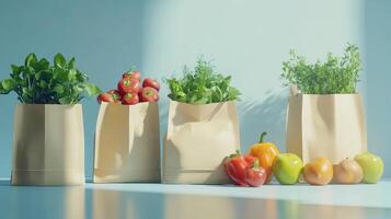 Minimalist Composition of Fruits and Veggies in White Bags photo