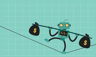 AI robot walking on a tightrope while balancing money bags, symbolizing financial risk management and technology in finance. vector