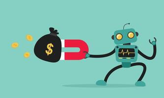 A smart robot pulling money bags and dollar coins with a magnet, symbolizing artificial intelligence attracting income, profit automation, and smart digital finance. vector