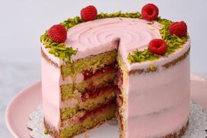 layered Raspberry Pistachio Cake frosted with light pink cream and garnished with fresh raspberries and chopped pistachios closeup side view of classic delicious dessert photo