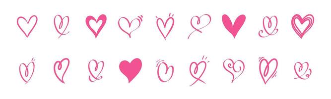 Set of various pink heart illustrations in hand drawn style. Icon collection perfect for design projects and love themed symbols vector
