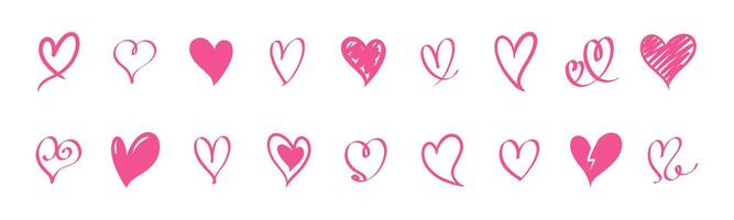 Set of various pink heart illustrations in hand drawn style. Icon collection perfect for design projects vector