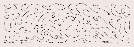 Set of hand drawn arrow icons in a simple flat style. Includes various arrow shapes and painted marks, perfect for infographics, notes, or creative projects. vector