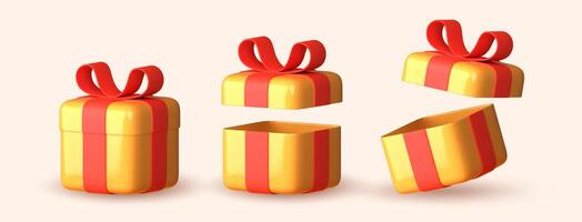 Set of 3D open and close yellow gift boxes with ribbon in red over white background. 3D rendering of a modern holiday surprise box. vector