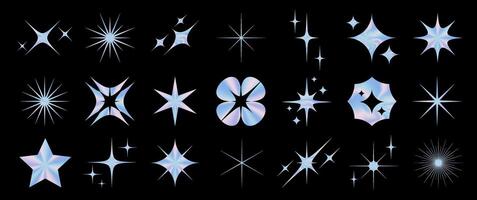 Collection of Holographic Stars and Geometric Labels. Iridescent Foil Star in Various Shapes with a Shimmering Rainbow Effect. Glossy and Vibrant Emblems. vector
