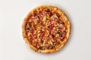 Delicious pizza with sausage, chicken, corn, onion and olives on white background photo