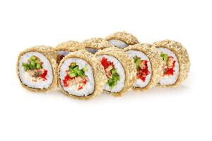 Tempura hot sushi rolls showing salmon, cucumber, and red tobiko caviar on white background photo