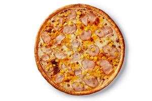 Delicious pizza with ham and corn displaying on white background photo