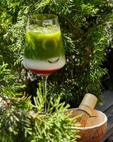 Iced matcha latte with coconut milk presented in wine glass with chasen on blurred green background photo