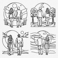 Continuous Line Drawing of Couple Holding Hands under Full Moon Night vector