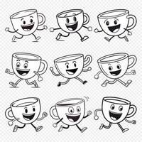 Happy Cartoon Teacup Characters Running and Smiling in Simple Black and White Drawing vector