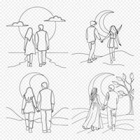 Minimalist Continuous Line Drawing of Couple Holding Hands and Walking Together Under the Night Sky with Moon and Clouds vector