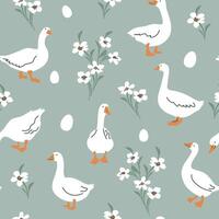 Seamless pattern with white goose, flower and egg. Hand drawn cute Easter goose pattern, for textile, wallpaper or nursery print design. vector