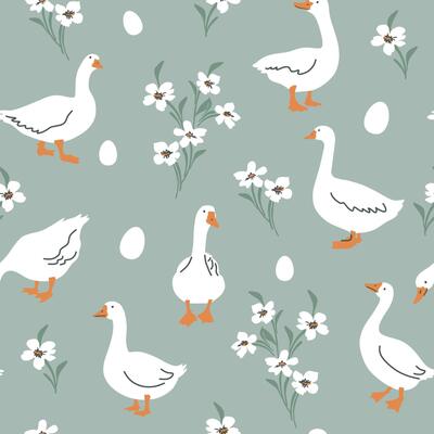 Seamless pattern with white goose, flower and egg. Hand drawn cute Easter goose pattern, for textile, wallpaper or nursery print design.