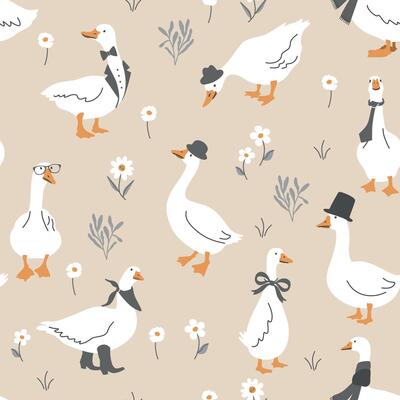 Cute dressed geese seamless pattern. Goose in a hat, tie, scarf, glasses. Funny background illustration.