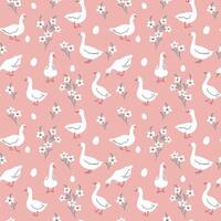 Seamless pattern with white goose, flower and egg. Cute Easter goose pattern, for textile, wallpaper or nursery print design. vector