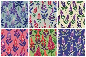 A set of six different floral patterns on different colored background vector