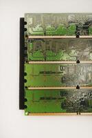 The green bar of RAM. The printed circuit board. photo