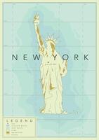 New York geographical map with liberty statue, legend and coordinates poster drawing in old style. vector