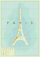 Paris geographical map with eiffel tower, legend and coordinates poster drawing in old style. vector