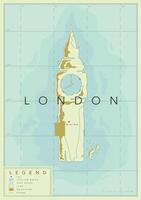 London geographical map with big ben, legend and coordinates poster drawing in old style. vector