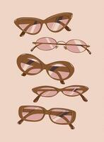 Sunglasses collection portrait drawing in vintage style with pink lens and brown frame on beige background vector