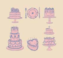 Cake one and two tier collection drawing in vintage style with pink and blue on beige background vector