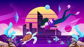 2D Man Diving with Turtle, Ocean Adventure Animation, Underwater Scene, VR Technology Animation, Marine Life Illustration in 4K Resolution video