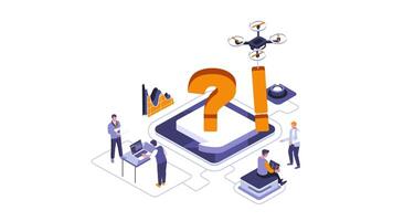 People Standing Around Computer with Question Mark, 2D Problem Solving Animation, Team Discussion and Digital Inquiry in 4K Resolution video