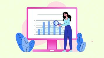 2D Businesswoman Presenting Data Analytics on Laptop Screen with Graphs and Charts Illustration Animation in 4K Resolution video