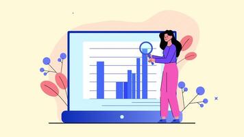 2D Businesswoman Showing Laptop Screen Data Analytics with a Magnifying Glass, Explainer Animation in 4K Resolution video
