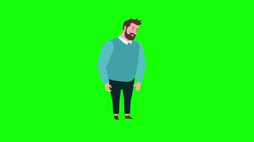 Bearded Man Standing on Green Screen background , 2D Character Animation with Smiling Expression in 4K Resolution video