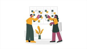 People Working on Project Board 2D Animation, Women Worker Team Collaboration, Office Work, Project Planning in 4K Resolution video