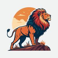 Lion standing on a rock with the sun in the background vector