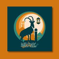 Arabic Calligraphy of Text Eid Ul Adha Post with Silhouette Goat in front of Mosque for The Festival of Sacrifice Concept. vector