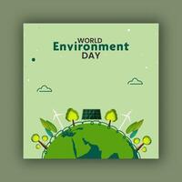 World Environment Day Post with Tree, Solar Panel and Windmill in Earth Planet Illustration for Renewable Energy and Green Future. vector