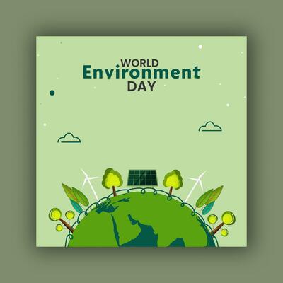 World Environment Day Post with Tree, Solar Panel and Windmill in Earth Planet Illustration for Renewable Energy and Green Future.
