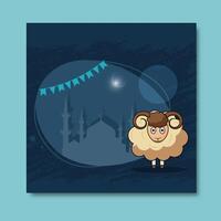 Eid ul-Adha Mubarak Post with Cartoon Sheep and Paper Mosque at Crescent Moon Night Scene. vector