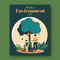 World Environment Day Post with a Father and Son Together Watering on Plant Planting for Healthy Life or Save Future. vector
