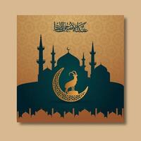 Arabic Calligraphy of Eid Ul Adha Greeting Card with Illustration of Silhouette Golden Goat and Crescent Lantern in Front of Mosque for The Festival of Sacrifice Concept. vector