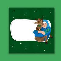 Eid ul-Adha Mubarak Greeting Card with Unhappy Muslim Woman Hugging Goat Illustration and Copy Space on Green Background. vector
