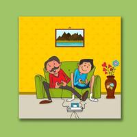Father's Day Post with Happy Father and Son Together Playing Game Illustration. vector