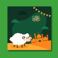 Arabic Calligraphy of Eid Ul Adha Post with Illustration of Adorable Sheep in Front of Mosque for The Festival of Sacrifice Concept. vector