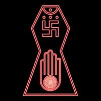 Neon symbol Jainism emblem Jain Prateek Chihna Hand Akhimsa Ahimsa arm religion Dharma Ahinsa Mahavir Jayanti red style vector